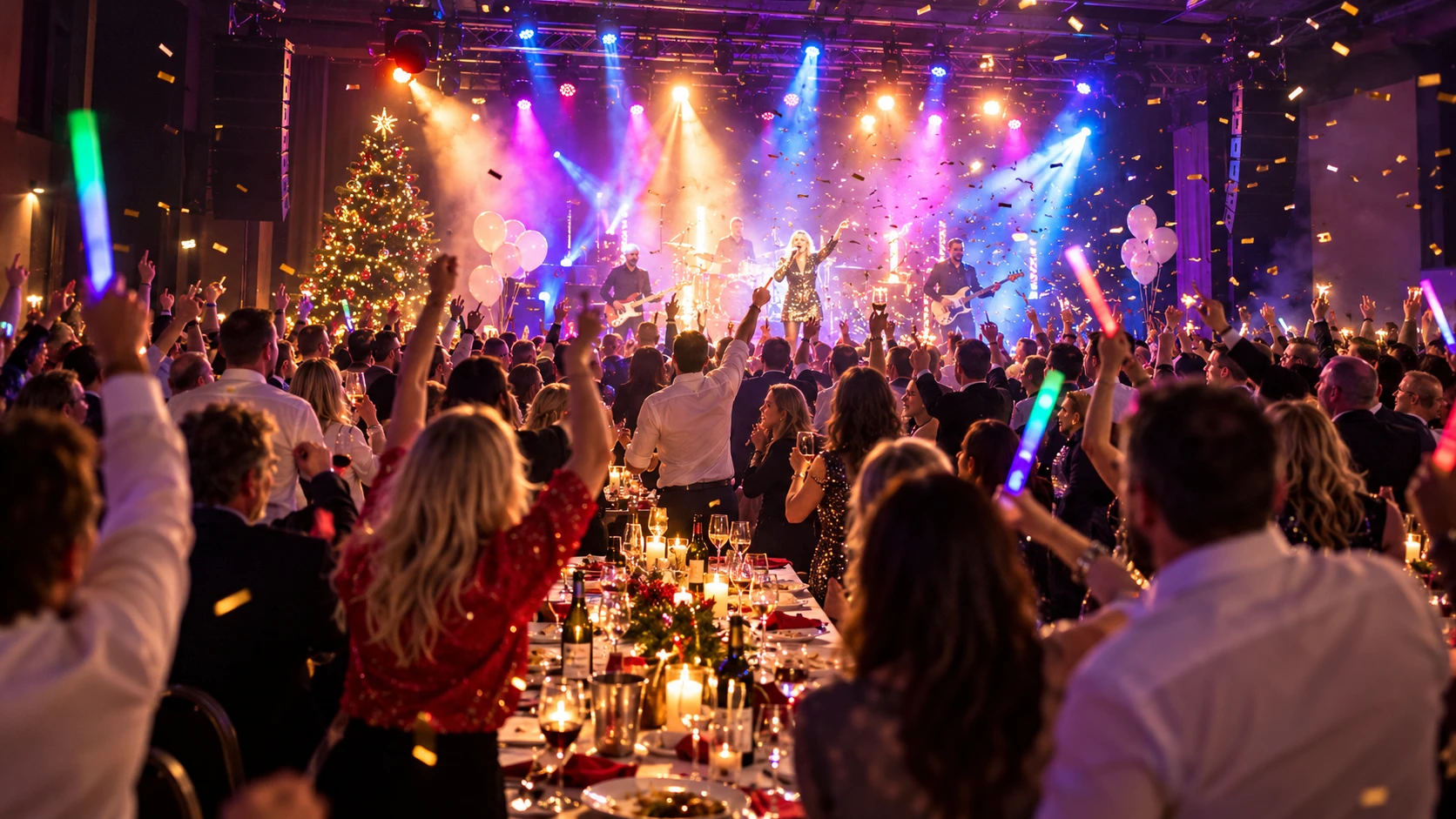 Feststämning på julfest med liveband på scen, konfetti och gäster vid dukade långbord framför en julgran.